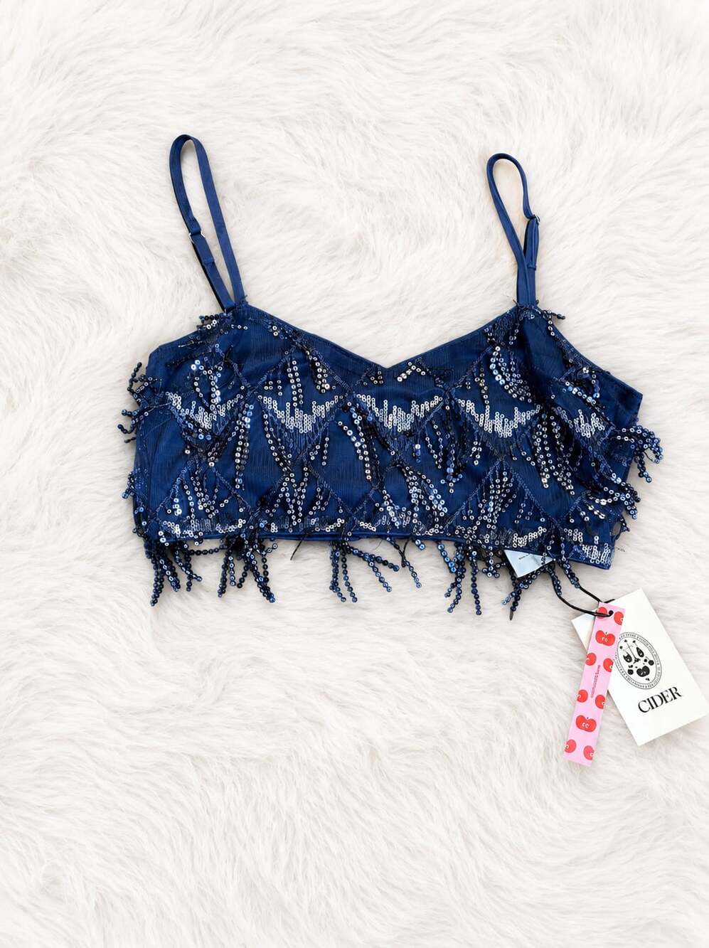 Cider Sequin Beaded Fringe Camisole Crop Top Blue Size M